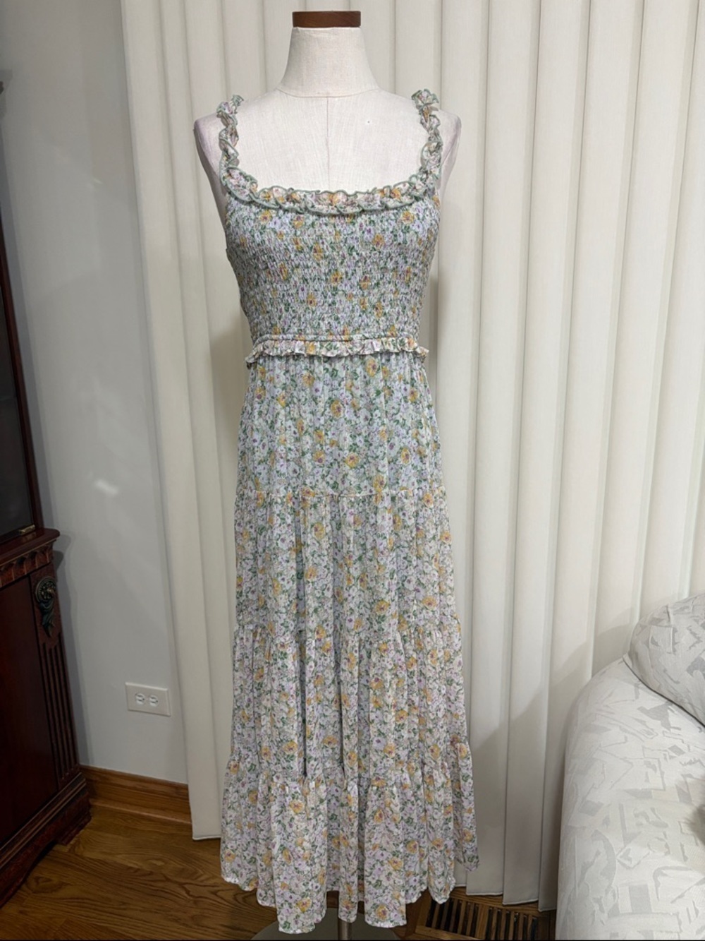 Astr Smocked top Floral tiered midi summer Dress fit and flare green yellow S